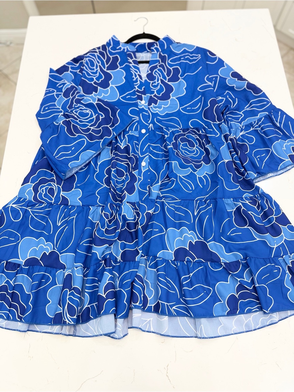 Blue Floral Oversized Babydoll Tiered Bell Sleeve Dress